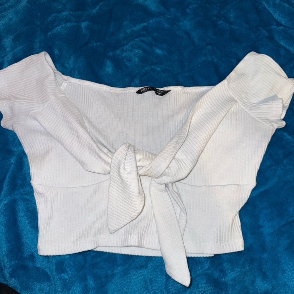 SHEIN Knot Front Rib-knit Bardot Top
